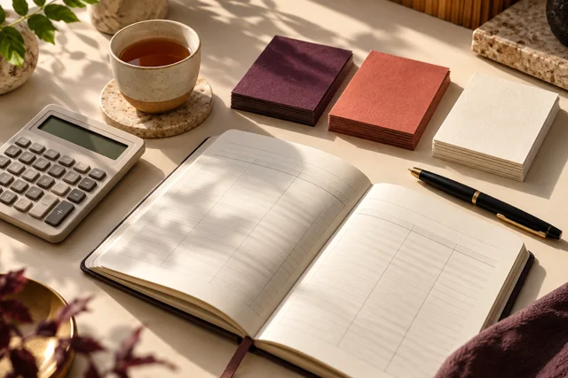 Planning a marketing budget with a notebook, calculator and colour samples
