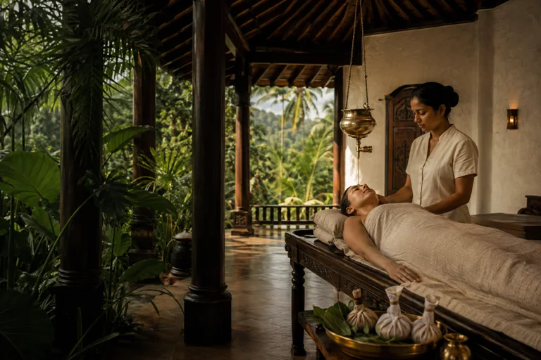 Illustrative Ayurveda therapy in a tranquil tropical pavilion