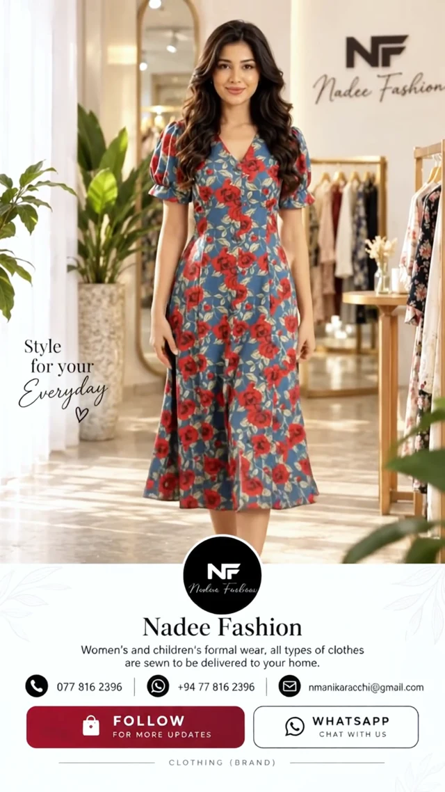 Nadee Fashion model wearing the floral dress beside Nadee Fashion branding