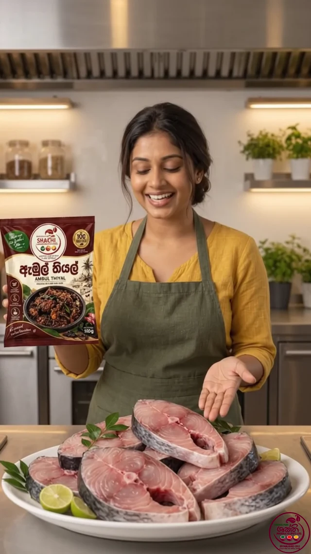 Shakthi presenter holding the ambul thiyal product in a kitchen